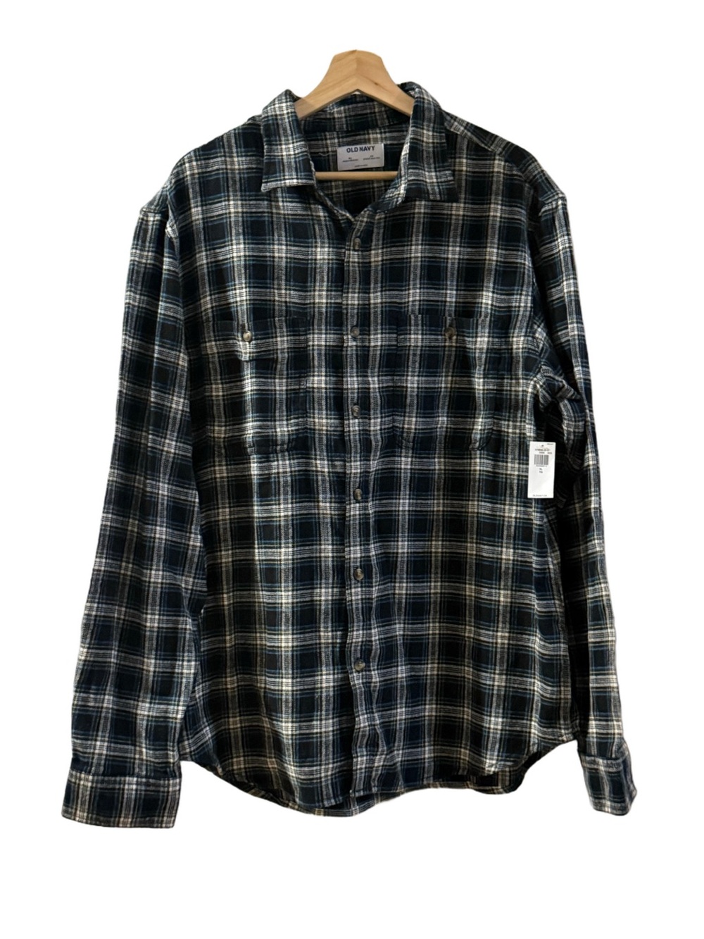 Old Navy Men's Navy, Green and White Plaid Button-Up Shirt